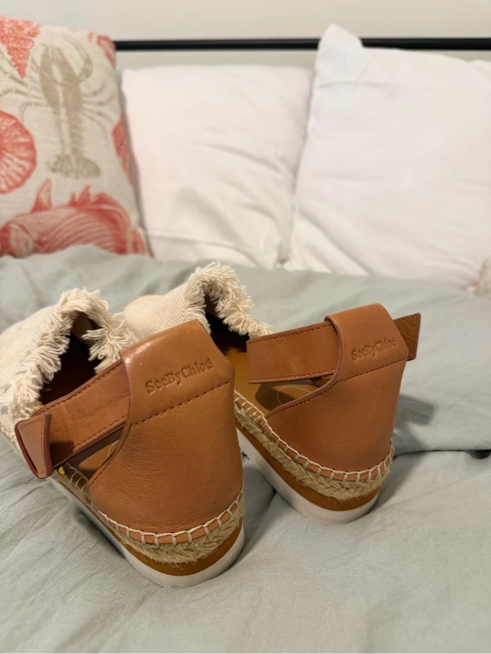 See By Chloe Cream Canvas Espadrille Sandals with Brown Ankle Strap